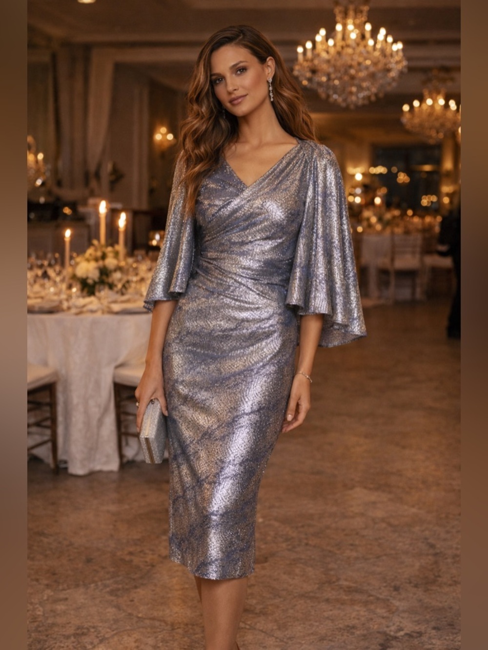 Talbot Runhof Metallic Silver Cape Sleeve Midi Cocktail Dress Size 4